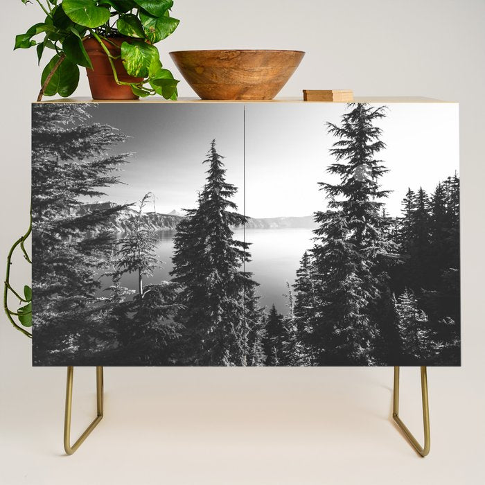 Mountain Lake Forest Black and White Nature Photography Credenza Gallery Image 1