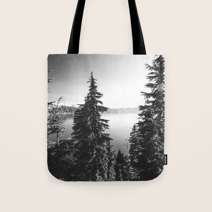 Mountain Lake Forest Black and White Nature Photography Tote Bag Gallery Image 1