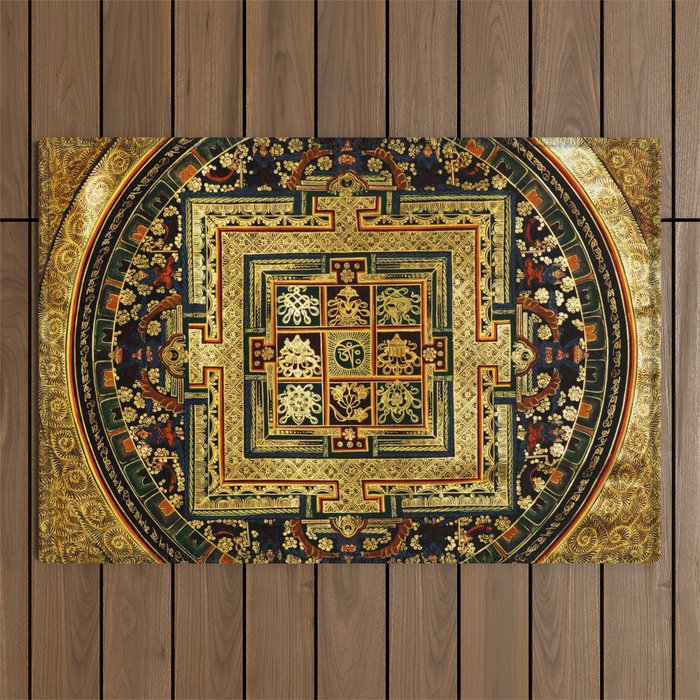 Gold Buddhist Psychedelic Mandala Outdoor Rug Gallery Image 1