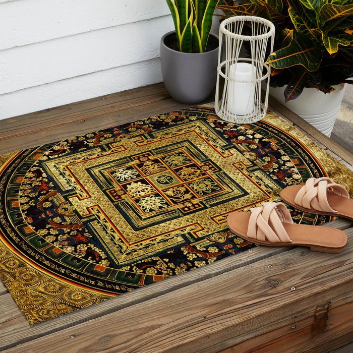Gold Buddhist Psychedelic Mandala Outdoor Rug Gallery Image 2