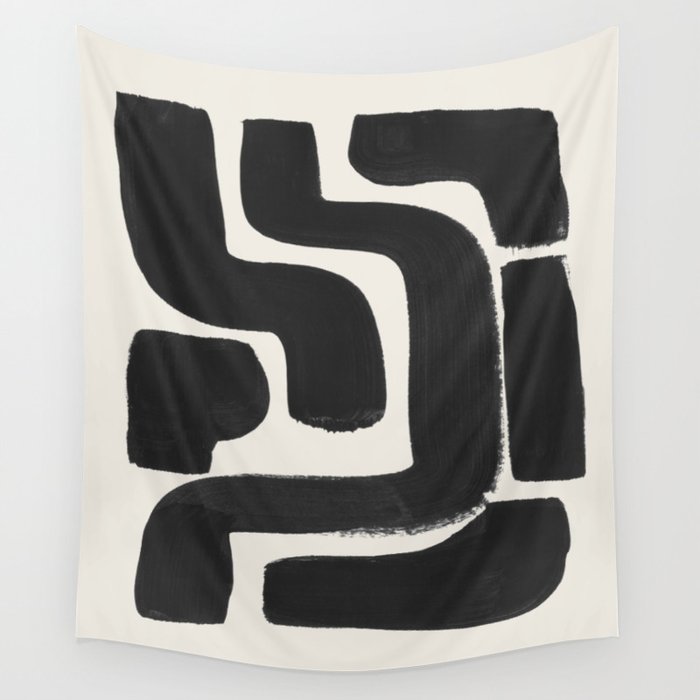 Black Ink Paint Brush Strokes Abstract Organic Pattern Mid Century Style Wall Tapestry Gallery Image 4