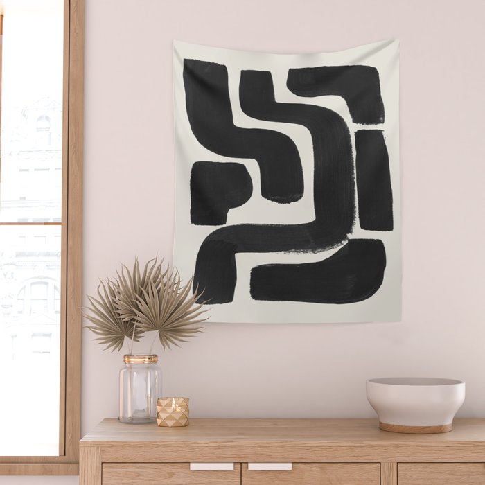Black Ink Paint Brush Strokes Abstract Organic Pattern Mid Century Style Wall Tapestry Gallery Image 2