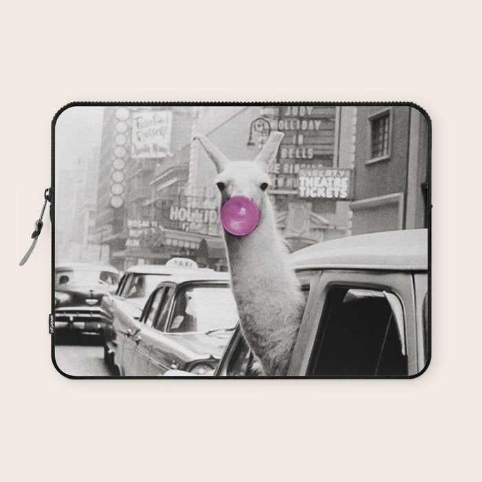 Perfect Pink Bubble Gum Llama taking a New York Taxi black and white photograph Laptop Sleeve Gallery Image 1