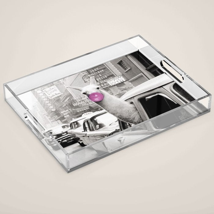 Perfect Pink Bubble Gum Llama taking a New York Taxi black and white photograph Acrylic Tray Gallery Image 1