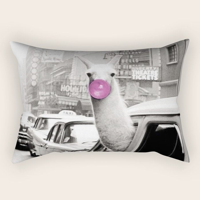 Perfect Pink Bubble Gum Llama taking a New York Taxi black and white photograph Rectangular Pillow Gallery Image 2