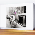 Perfect Pink Bubble Gum Llama taking a New York Taxi black and white photograph Wall Mural Gallery Image 2