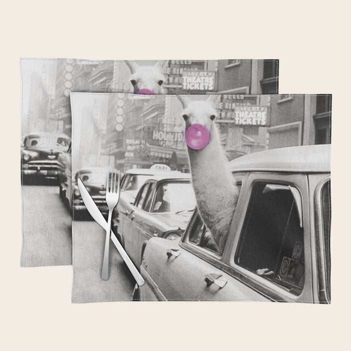 Perfect Pink Bubble Gum Llama taking a New York Taxi black and white photograph Placemat Gallery Image 1