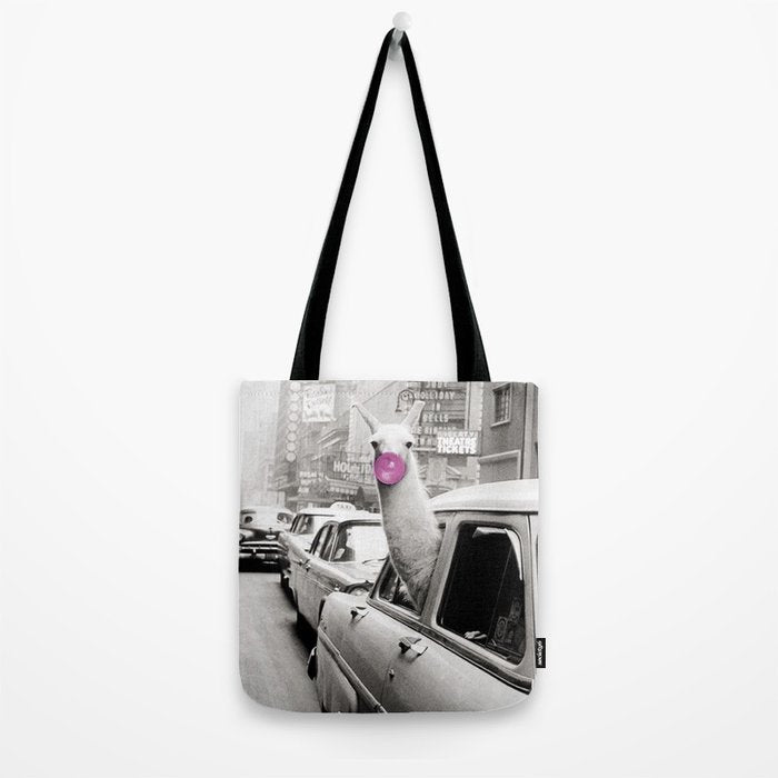 Perfect Pink Bubble Gum Llama taking a New York Taxi black and white photograph Tote Bag Gallery Image 2