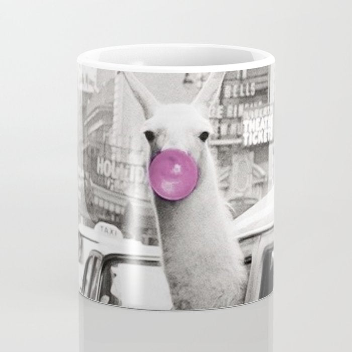 Perfect Pink Bubble Gum Llama taking a New York Taxi black and white photograph Coffee Mug Gallery Image 4