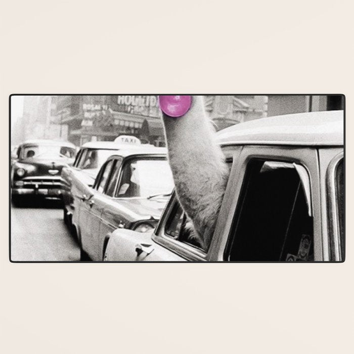 Perfect Pink Bubble Gum Llama taking a New York Taxi black and white photograph Desk Mat Gallery Image 3