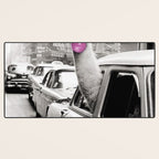 Perfect Pink Bubble Gum Llama taking a New York Taxi black and white photograph Desk Mat Gallery Image 3