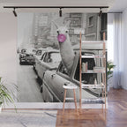 Perfect Pink Bubble Gum Llama taking a New York Taxi black and white photograph Wall Mural Gallery Image 1