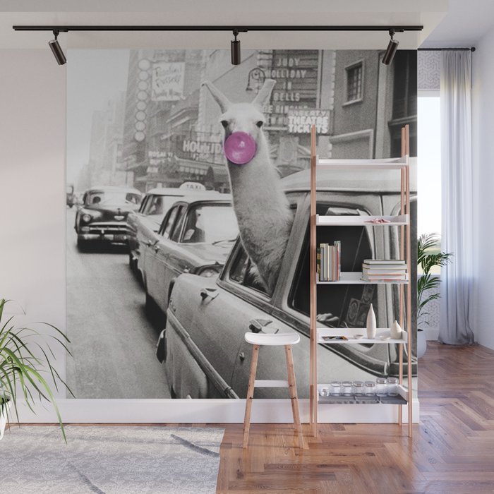 Perfect Pink Bubble Gum Llama taking a New York Taxi black and white photograph Wall Mural Gallery Image 1