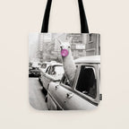Perfect Pink Bubble Gum Llama taking a New York Taxi black and white photograph Tote Bag Gallery Image 1