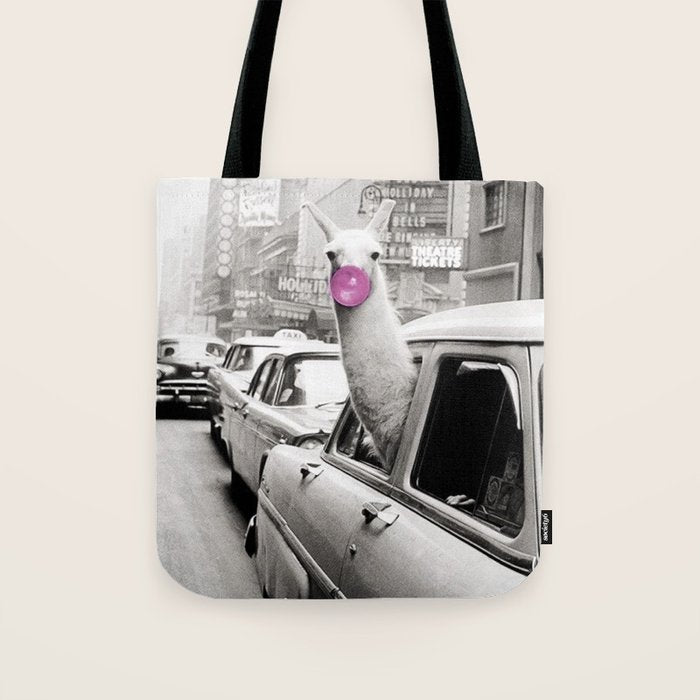 Perfect Pink Bubble Gum Llama taking a New York Taxi black and white photograph Tote Bag Gallery Image 1
