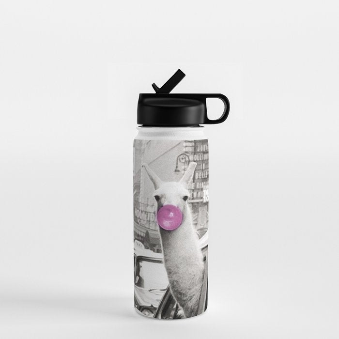 Perfect Pink Bubble Gum Llama taking a New York Taxi black and white photograph Water Bottle Gallery Image 1