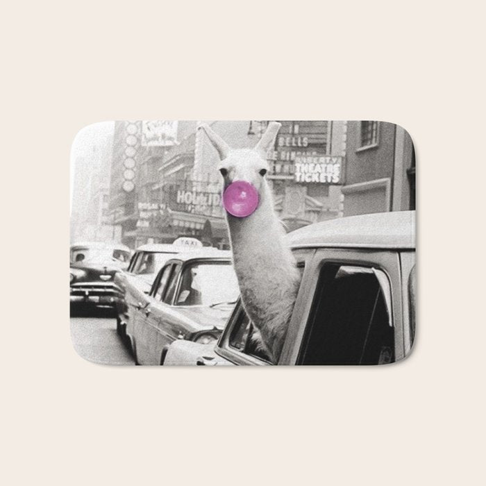 Perfect Pink Bubble Gum Llama taking a New York Taxi black and white photograph Bath Mat Gallery Image 1