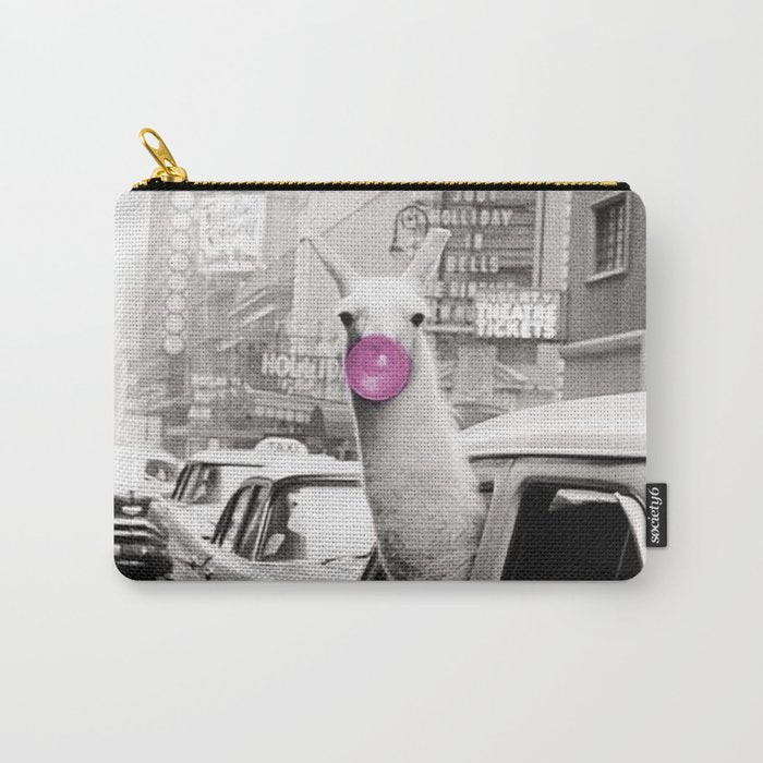 Perfect Pink Bubble Gum Llama taking a New York Taxi black and white photograph Carry All Pouch Gallery Image 1