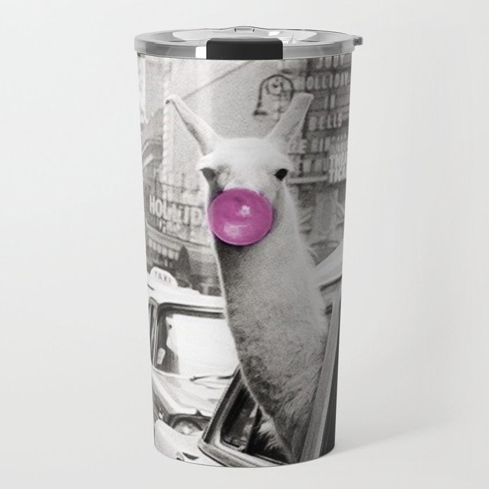 Perfect Pink Bubble Gum Llama taking a New York Taxi black and white photograph Travel Mug Gallery Image 1