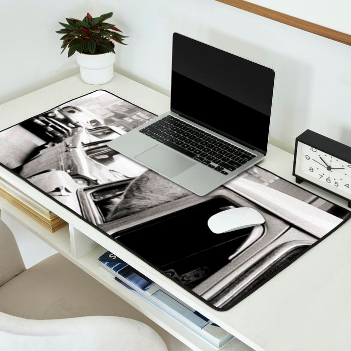 Perfect Pink Bubble Gum Llama taking a New York Taxi black and white photograph Desk Mat Gallery Image 2