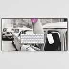 Perfect Pink Bubble Gum Llama taking a New York Taxi black and white photograph Desk Mat Gallery Image 1