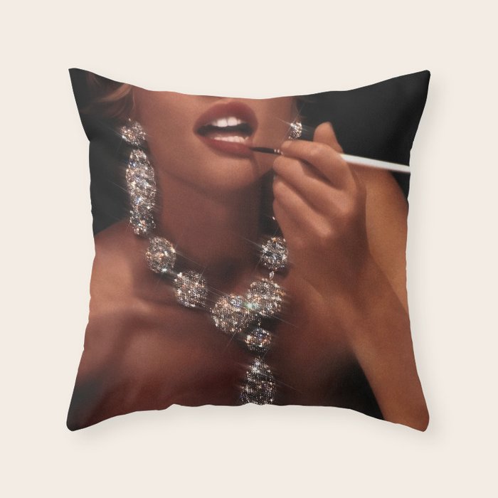 FINISH TOUCH | glitter collage art | sparkle diamonds | rich and fabulous | red lips | classic Throw Pillow Gallery Image 1