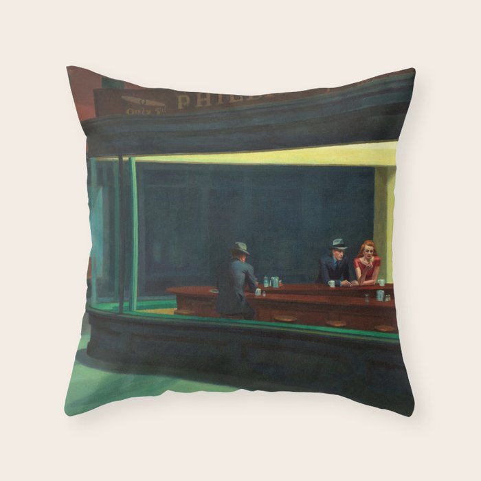 NIGHTHAWKS downtown diner late at night iconic cityscape oil on canvas painting by Edward Hopper Throw Pillow Gallery Image 6