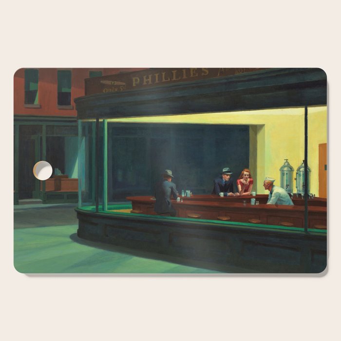 NIGHTHAWKS downtown diner late at night iconic cityscape oil on canvas painting by Edward Hopper Cutting Board Gallery Image 1