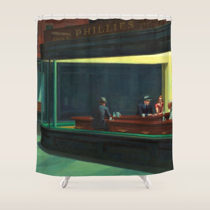 NIGHTHAWKS downtown diner late at night iconic cityscape oil on canvas painting by Edward Hopper Shower Curtain Gallery Image 1