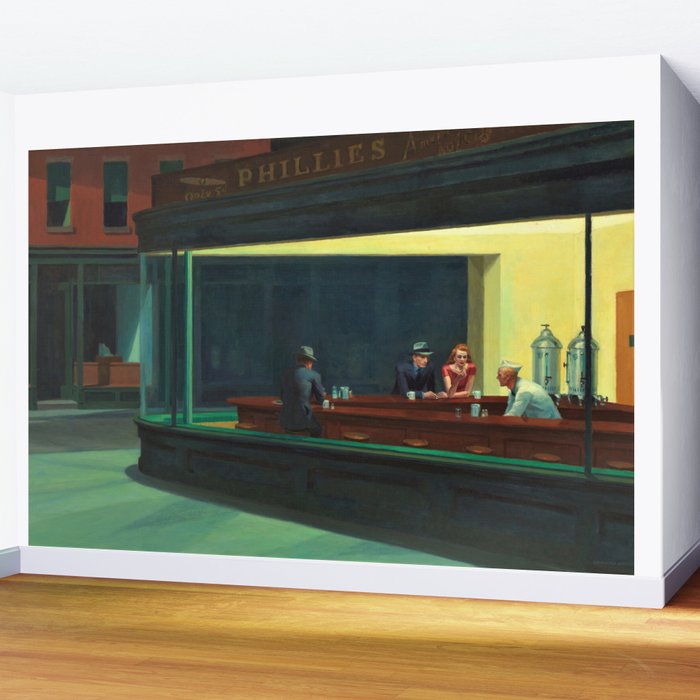 NIGHTHAWKS downtown diner late at night iconic cityscape oil on canvas painting by Edward Hopper Wall Mural Gallery Image 2