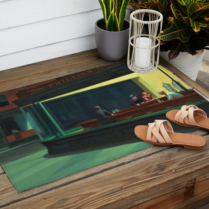 NIGHTHAWKS downtown diner late at night iconic cityscape oil on canvas painting by Edward Hopper Outdoor Rug Gallery Image 2