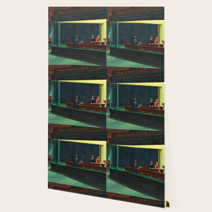 NIGHTHAWKS downtown diner late at night iconic cityscape oil on canvas painting by Edward Hopper Wallpaper Gallery Image 2
