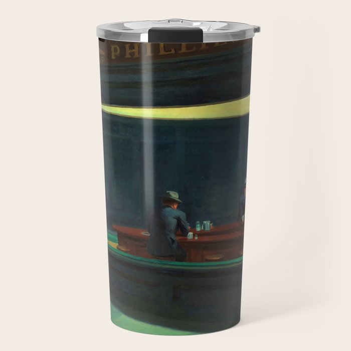 NIGHTHAWKS downtown diner late at night iconic cityscape oil on canvas painting by Edward Hopper Travel Mug Gallery Image 1