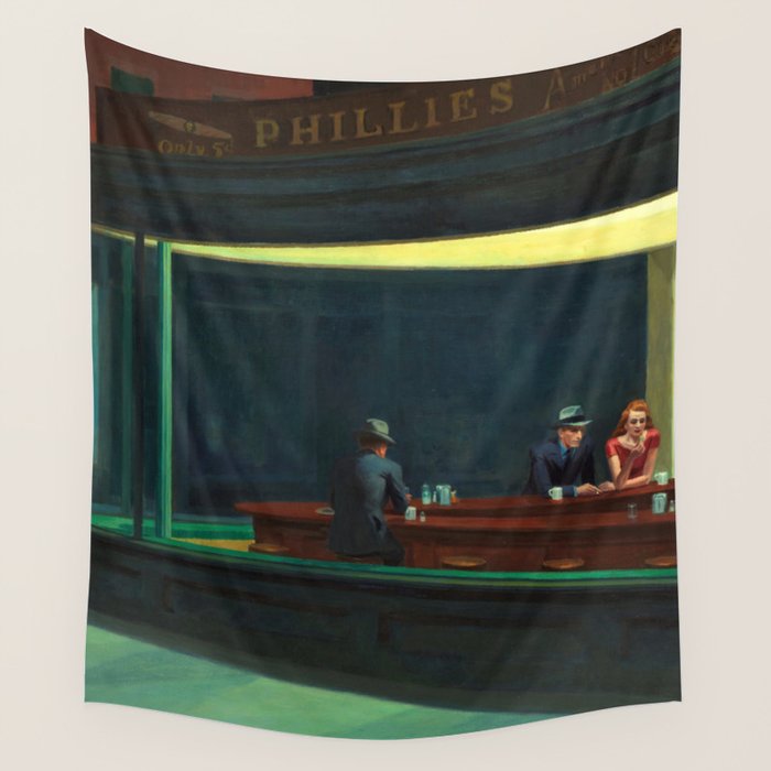 NIGHTHAWKS downtown diner late at night iconic cityscape oil on canvas painting by Edward Hopper Wall Tapestry Gallery Image 1