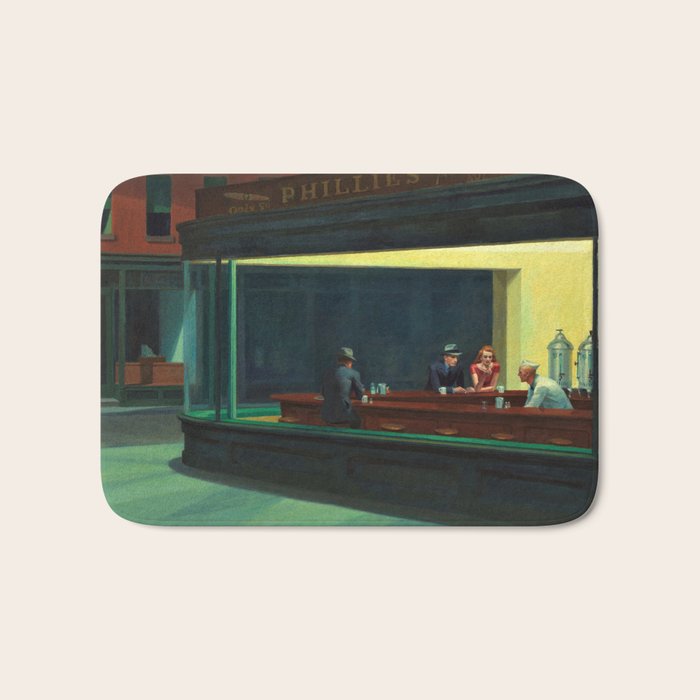 NIGHTHAWKS downtown diner late at night iconic cityscape oil on canvas painting by Edward Hopper Bath Mat Gallery Image 1