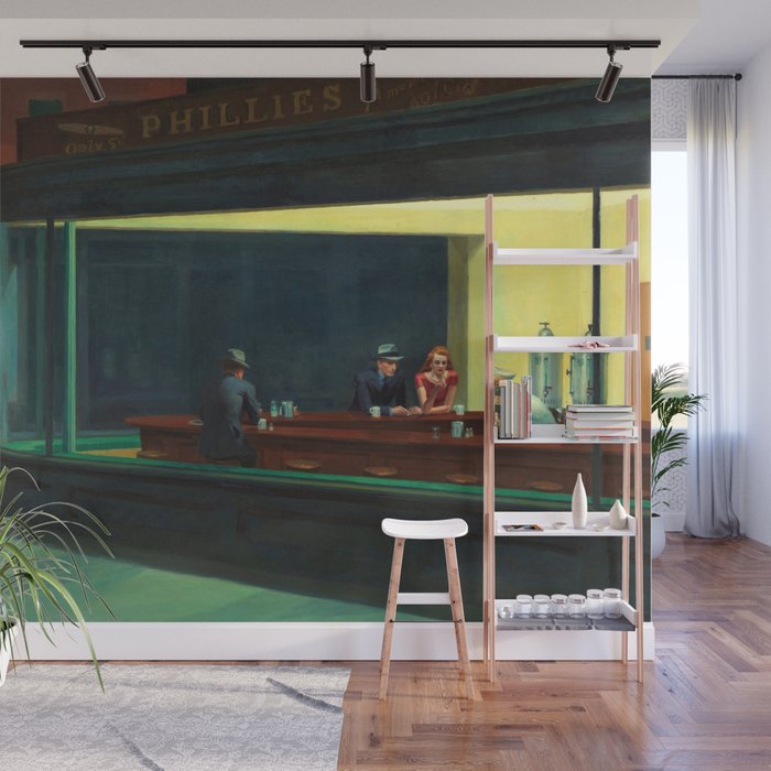 NIGHTHAWKS downtown diner late at night iconic cityscape oil on canvas painting by Edward Hopper Wall Mural Gallery Image 1