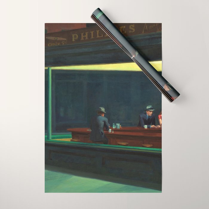NIGHTHAWKS downtown diner late at night iconic cityscape oil on canvas painting by Edward Hopper Wrapping Paper Gallery Image 1