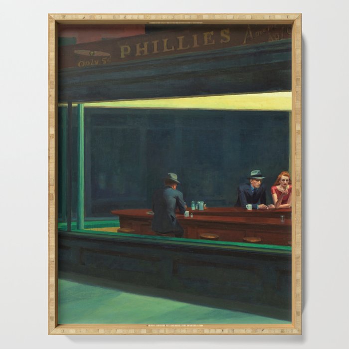 NIGHTHAWKS downtown diner late at night iconic cityscape oil on canvas painting by Edward Hopper Serving Tray Gallery Image 1