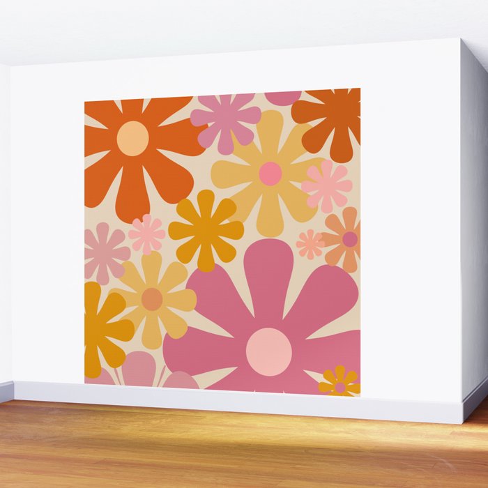 Retro 60s 70s Flowers Thulian Pink Orange Cream Pattern Wall Mural Gallery Image 2
