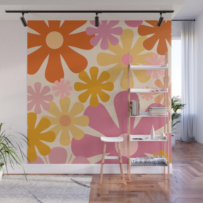 Retro 60s 70s Flowers Thulian Pink Orange Cream Pattern Wall Mural Gallery Image 1