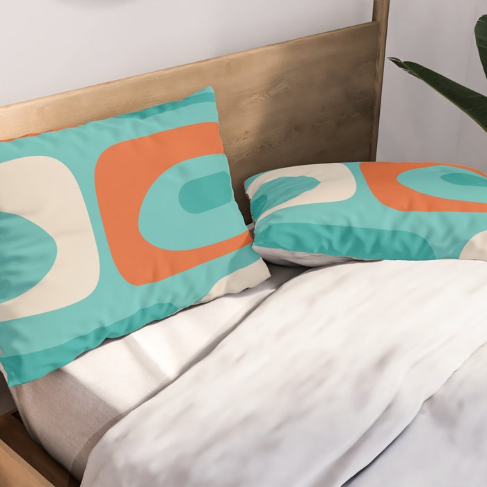 Mid Century Modern Piquet Abstract Pattern Teal Orange Cream Pillow Sham Gallery Image 2