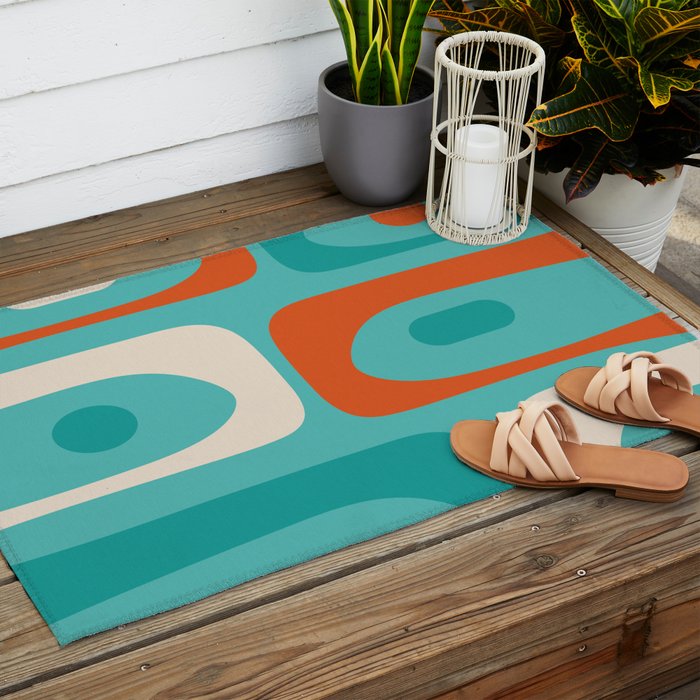 Mid Century Modern Piquet Abstract Pattern Teal Orange Cream Outdoor Rug Gallery Image 2