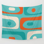 Mid Century Modern Piquet Abstract Pattern Teal Orange Cream Wall Tapestry Gallery Image 4