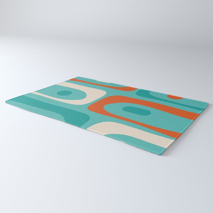 Mid Century Modern Piquet Abstract Pattern Teal Orange Cream Rug Gallery Image 3