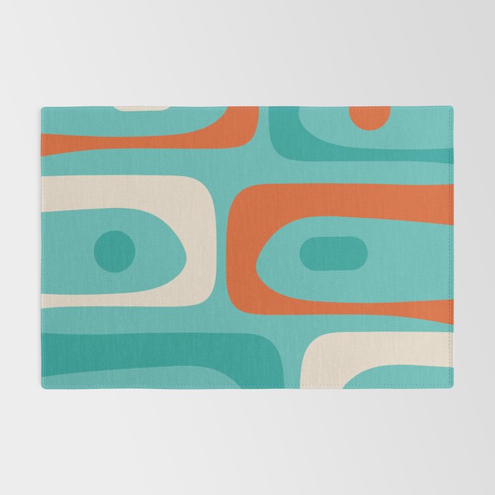 Mid Century Modern Piquet Abstract Pattern Teal Orange Cream Rug Gallery Image 2
