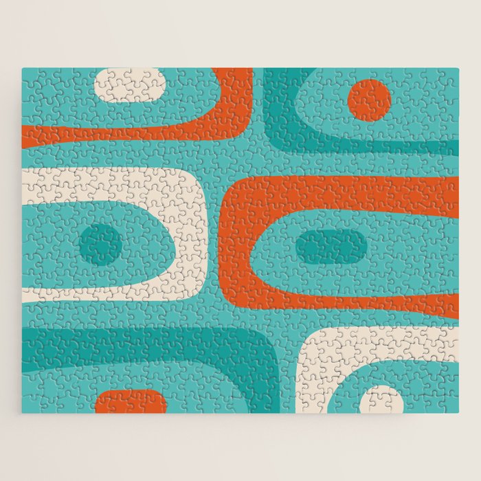 Mid Century Modern Piquet Abstract Pattern Teal Orange Cream Jigsaw Puzzle Gallery Image 1