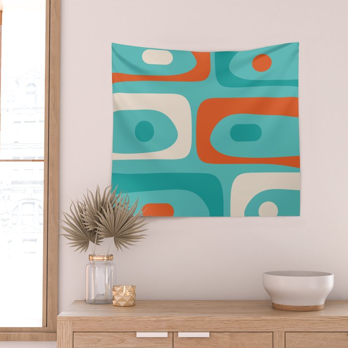 Mid Century Modern Piquet Abstract Pattern Teal Orange Cream Wall Tapestry Gallery Image 2