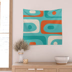 Mid Century Modern Piquet Abstract Pattern Teal Orange Cream Wall Tapestry Gallery Image 2