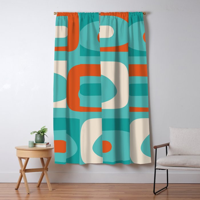 Mid Century Modern Piquet Abstract Pattern Teal Orange Cream Window Curtain Gallery Image 1