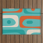 Mid Century Modern Piquet Abstract Pattern Teal Orange Cream Outdoor Rug Gallery Image 1